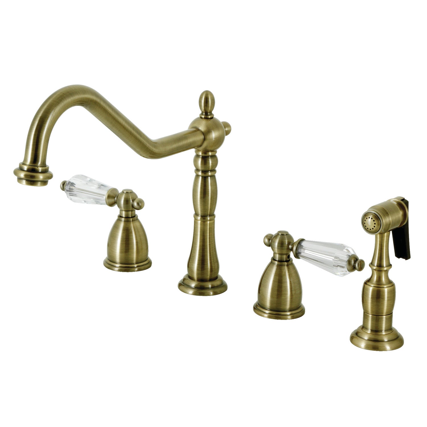 Kingston Heirloom KB1793WLLBS - Wilshire Double-Handle 4-Hole Widespread Kitchen Faucet with Brass Sprayer, Antique Brass — image 1